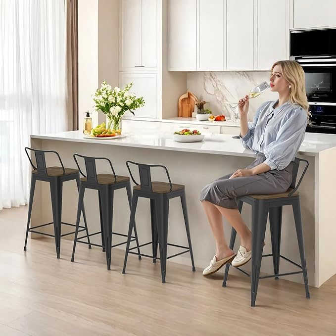30 Inch Swivel Bar Stools Set of 4, Counter Height Bar Stools with Low Back, Metal Industrial Bar Chairs for Kitchen Island (Matte Black)