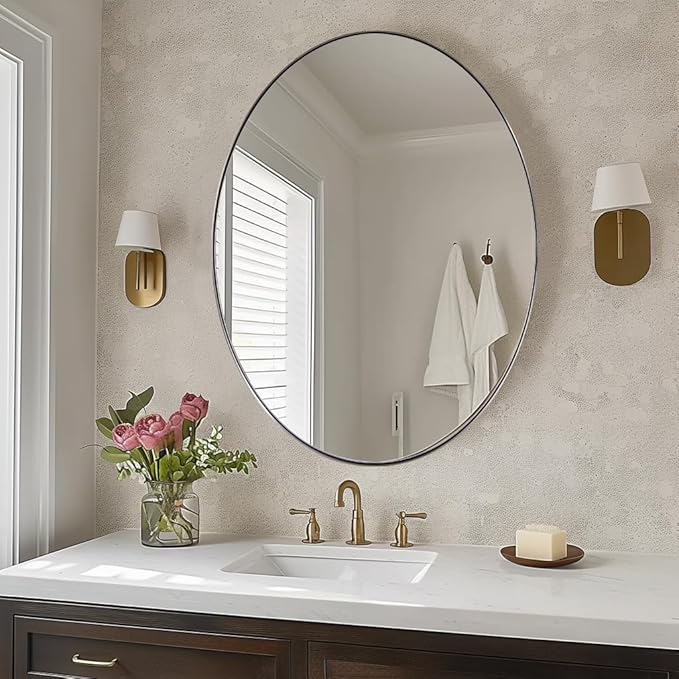 ANDY STAR Brushed Nickel Oval Mirrors for Bathroom, 22x30 Inch Silver Stainless Steel Metal Framed Oval Wall Mirror, Modern Vanity Mirror Wall Mount Horizontal or Vertical