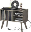 Forevich Record Player Stand Table with Vinyl Storage Holder Large Turntable Record Stand with Power Outlet Holds Up to 220 Albums Display Shelf Cabinet with Wood Legs for Living Room Oak