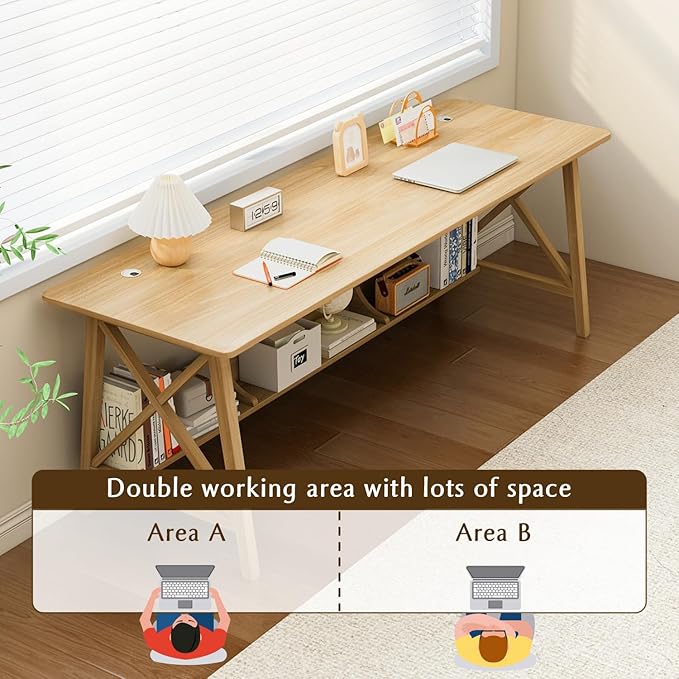 Extra Long Desk with Bookshelf - Wooden Home Office Work Study Table, Writing Computer Workstation with Storage Shelf in Oak, 47" Wx16 Dx30 H