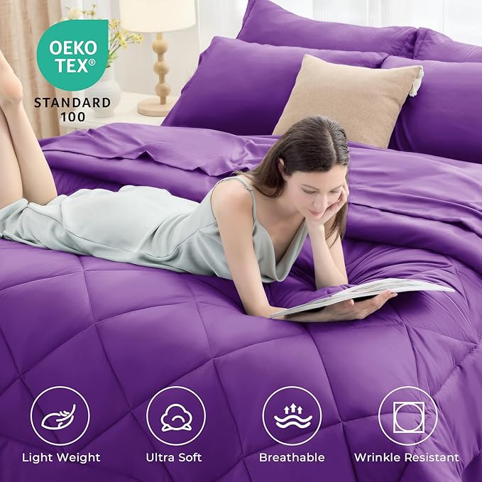 HEVUMYI Purple Twin-XL Comforter Set - 5-Piece All Season Bed in a Bag Twin-XL, Ultra Soft Bedding Set with Comforter, Flat Sheet, Fitted Sheet, Pillowcases, Pillow Shams