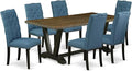 East West Furniture V677EL121-7 7 Piece Modern Dining Table Set Consist of a Rectangle Wooden Table with V-Legs and 6 Blue Linen Fabric Parson Dining Chairs, 40x72 Inch, Multi-Color