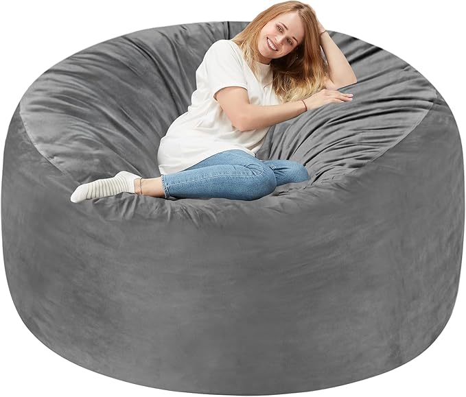 Homguava 6FT Bean Bag Chair Giant BeanBag with Memory Foam Filled, Large Bean Bag Chairs for Adults, Adult Bean Bag Chair with Dutch Velvet Cover for Living Room Bedroom-Grey
