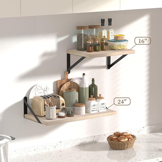 SAUMONIERES Floating Shelves Wall Bookshelf for Bedroom Bathroom Living Room Wood Wall Mounted Wide Deep Storage, Rustic Torched Wall Shelves Set of 2
