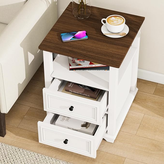 Vipbear Farmhouse Nightstand 18" White End Table with Charging Station & 2 Drawers, Rustic Bedside Table with Storage Shelf for Bedroom, Living Room,18.1" D x 18.1" W x 24.2" H, Set of 2