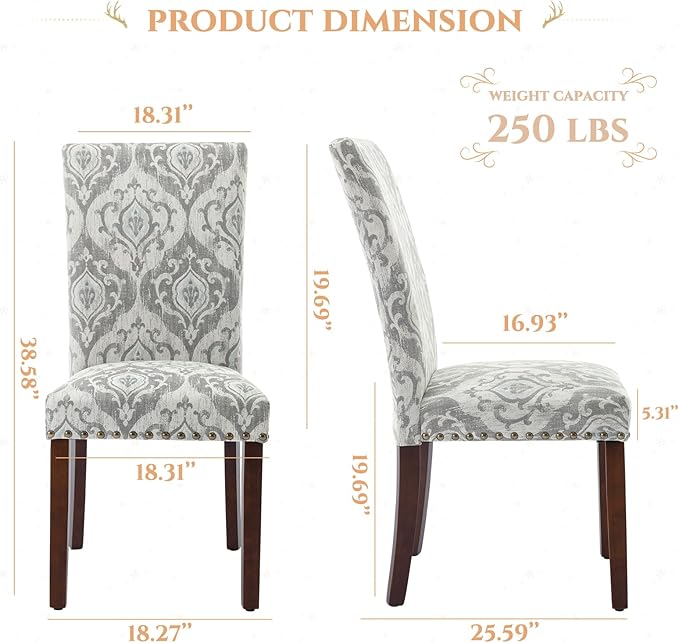 Parsons Dining Chairs Set of 4, Upholstered Nailhead Dining Room Kitchen Side Chair with Thick Cushions and Wood Legs, White/Grey