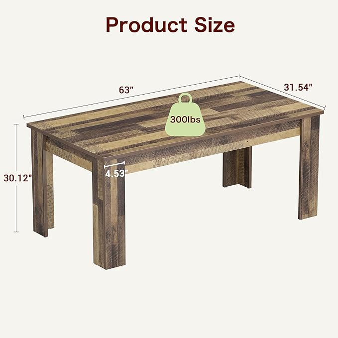 CABIHOME Dining Table for 4-6, 63" Inch Dining Tables for 4, Farmhouse Large Kitchen Dining Table, Rectangular Dining Room Table for Small Space, Wood Dinner Table for Kitchen, Apartment, Rustic Brown
