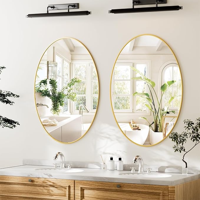 Koonmi Gold Oval Bathroom Mirror, 26"x38" Bathroom Vanity Mirror, Oval Mirror for Bedroom Living Room Entryway, Hangs Horizontal or Vertical