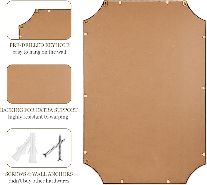 24"x36" Mirror for Wall, Scalloped Corners Rectangle Decorative Mirror, Metal Beaded Frame Accent Wall Decor for Bathroom, Entryway, Mantel, Antique Gold