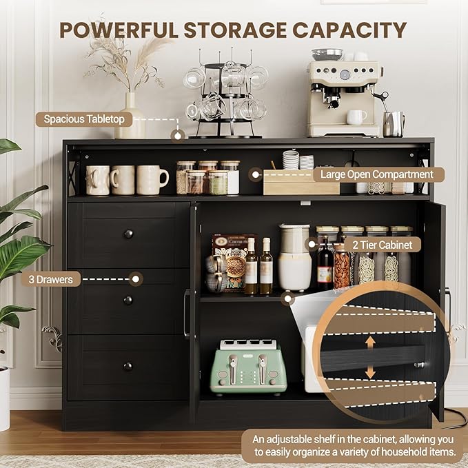 47inch Farmhouse Buffet Sideboard Cabinet, Wood Cupboard Storage Pantry Cabinet with Drawers, Coffee Bar Station Table for Kitchen Living Dining Room, Black