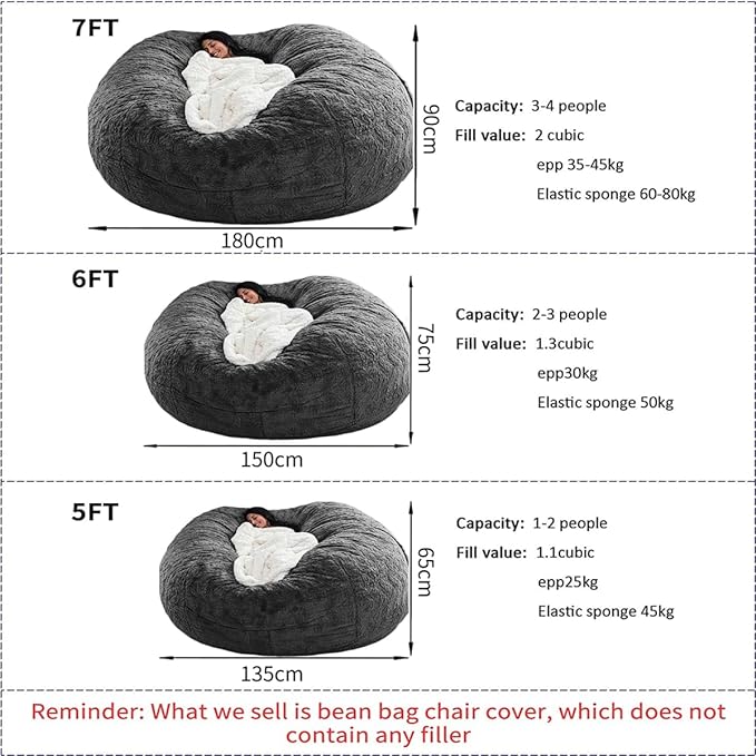 Bean Bag Chairs for Kids Comfy Fluffy Big Joe Bean Bag Chair Cover Without Filler Round Sofa Chairs for Bedroom Living Room Decor, 5FT, Yellow