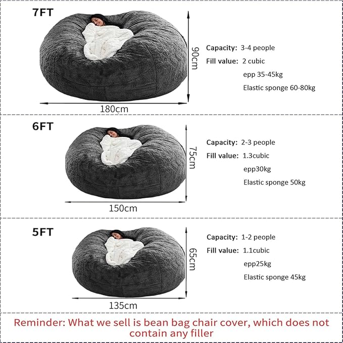 Bean Bag Chair Cover for Kids Adults Without Filling Comfy Giant Round Lazy Sofa Covers for Bedroom Living Room, 7FT, Purple
