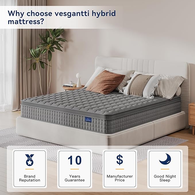 Vesgantti 12 Inch Multilayer Hybrid Full Mattress - Multiple Sizes & Styles Available, Ergonomic Design with Memory Foam and Pocket Spring, Medium Firm Feel, Grey