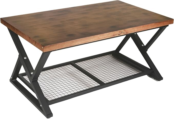EASYSOUL Coffee Table with Storage Shelf, Solid Wood Top with Black Metal X-Frame, 39.37" D x 23.62" W x 18.11" H, Mid Century Modern Center Coffee Tables for Living Room with 2 Tier (Brow, 39.37")
