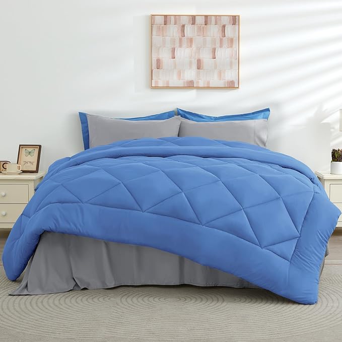 HEVUMYI Royal Blue & Light Grey Cali-King Comforter Set - 7-Piece All Season Bed in a Bag Cali-King, Ultra Soft Bedding Set with Comforter, Flat Sheet, Fitted Sheet, Pillowcases, Pillow Shams, Blue