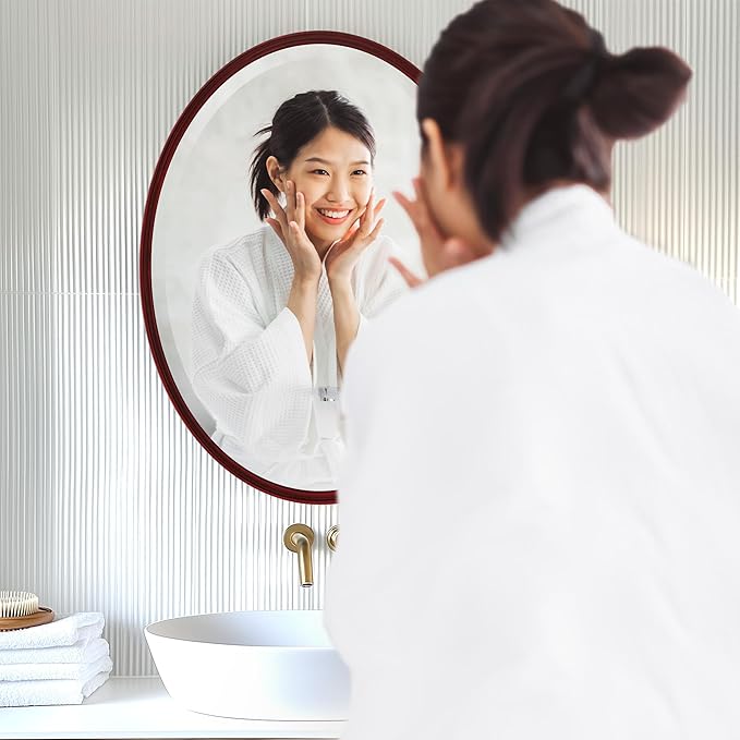 OVALCREST - Oval Wooden Beveled Wall Mirror for Home Decor, Bathroom, Vanity, Bedroom, Living Room, Hallway - London Style (Black Cherry) 19.1 x 25.1