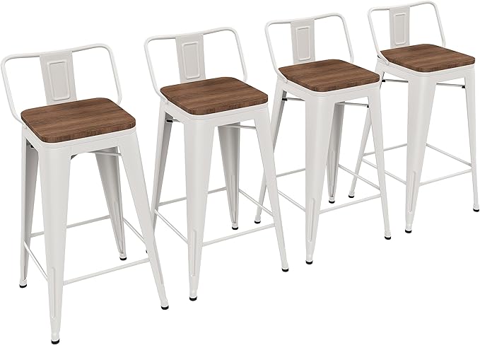 Yongchuang 24 inch Barstools Set of 4 Counter Height Bar Stools Farmhouse Kitchen Metal Bar Chairs with Wood Seat Low Back Cream White