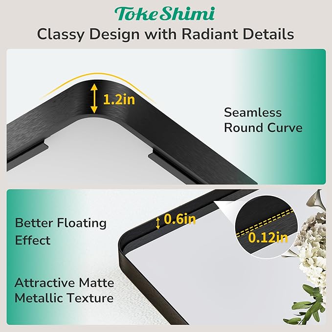 TokeShimi Black Bathroom Mirror,40x30 Large Bathroom Mirror Rectangle,Aluminum Vanity Mirror Bathroom Wall with Tempered Glass,Modern Matte Black Mirror Framed Seamless(Horizontal/Vertical)