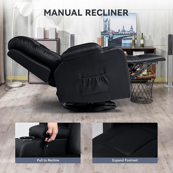 COMHOMA Living Room Furniture Set, Bonded Leather Sofa with Cup Holder Recliner Chair, 3, Black