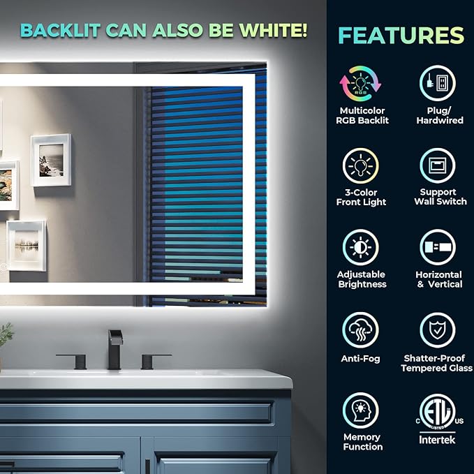 60x36 Inch RGB LED Bathroom Mirror Front Light and RGB Backlit Lighted Vanity Mirror for Bathroom Wall Mounted Dimmable Anti Fog Memory Shatter-Proof IP54 Waterproof Horizontal/Vertical