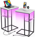 Innerjoin Side Table with Charging Station Set of 2, C Shaped End Table with LED Light Strip, Fast Charge USB A&C Ports, Small Sofa Snack Laptop Side Table for Living Room Bedroom, White