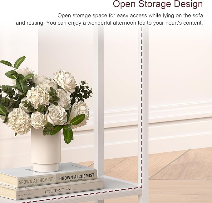 Narrow Side Table for Small Space Set of 2, 2-Tier Small End Table with Shelf Holder, Slim Nightstand, Skinny Snack Couch Table in Living Room, Bedroom, Study, Kitchen and Balcony（White