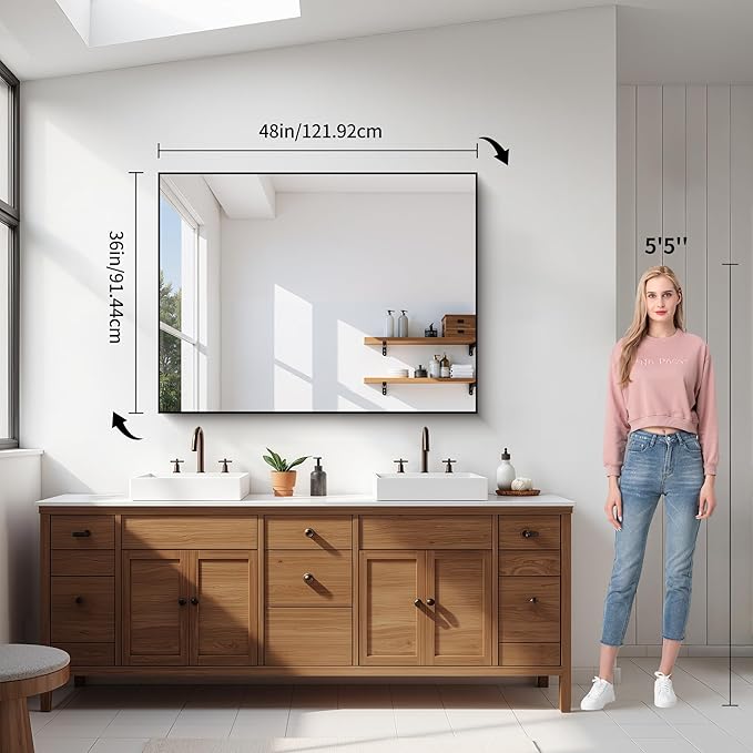 YIROMAN Bathroom Mirror 48"x36", Large Brushed Silver Bathroom Mirror for Over Sink with Aluminum Frame, Rectangular Vanity Mirror with Right Angle, Wall Mirror Hangs Horizontal or Vertical