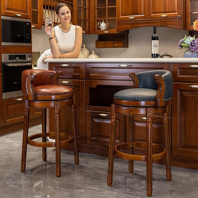 Cow top Leather Wooden Bar Stools, 26" Counter Height Bar Chair with Back, 180 Degrees Swivel Barstools Chair for Home Kitchen Counter,Dining Room, Restaurant