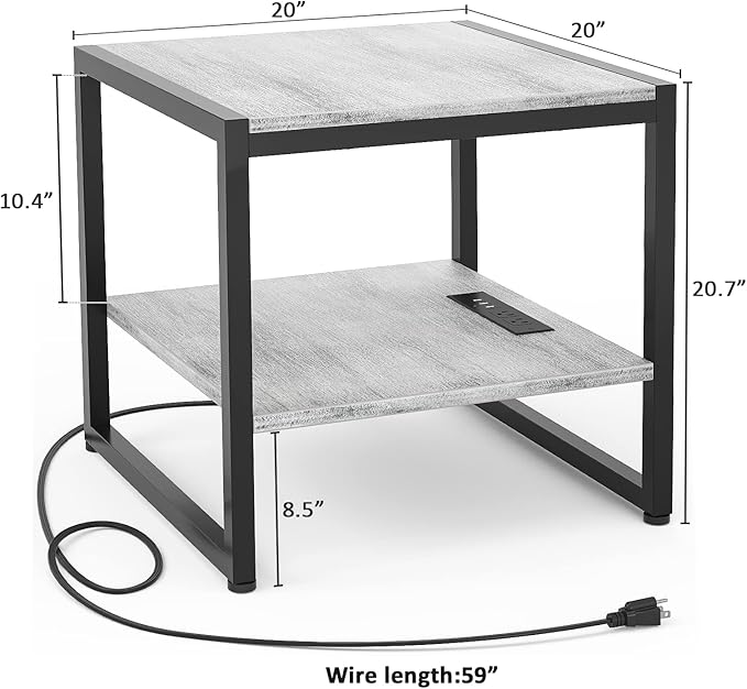Homieasy End Table with Charging Station, 20 Inch Square Side Table with USB Ports & Power Outlets, Black Nightstand with 2-Tier Storage Shelf, Mini Fridge Stand for Small Spaces, Black -2 Pack