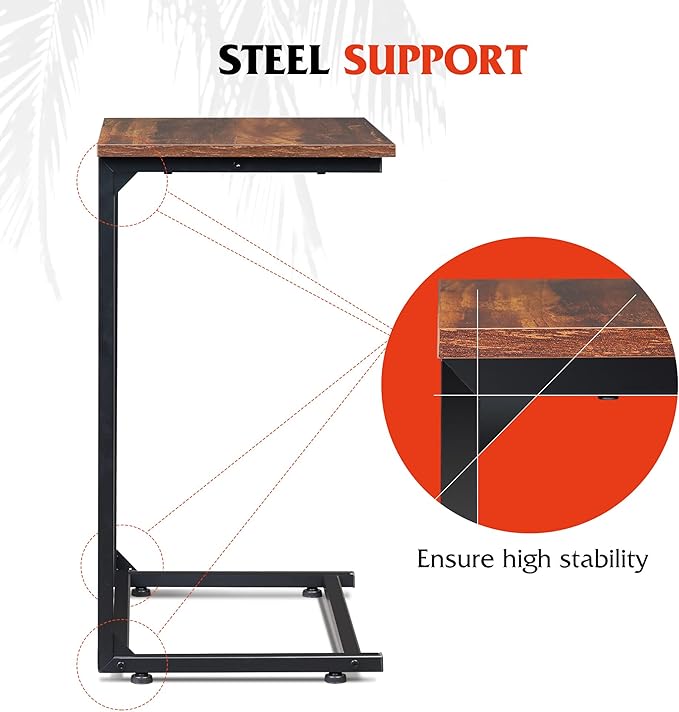 WLIVE C-Shaped End Table, Small Side Tables for Sofa, Wide Couch Table That Slide Under, Laptop Snack Table for Living Room, Bedroom, Home Office, Retro Brown
