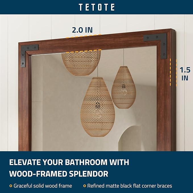TETOTE 60 x 36 Rustic Bathroom Mirror Wood Frame, Waterproof Walnut Brown Farmhouse Wooden Framed Rectangle Bathroom Vanity Mirror for Modern Boho Decor, Horizontal/Vertical, Easy to Install