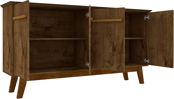 Manhattan Comfort Yonkers 63 Inch Buffet Sideboard with 2 Cabinets & Soft Close Doors, Storage Furniture with Stylish Beveled Top, Solid Wood Legs, Rustic Brown