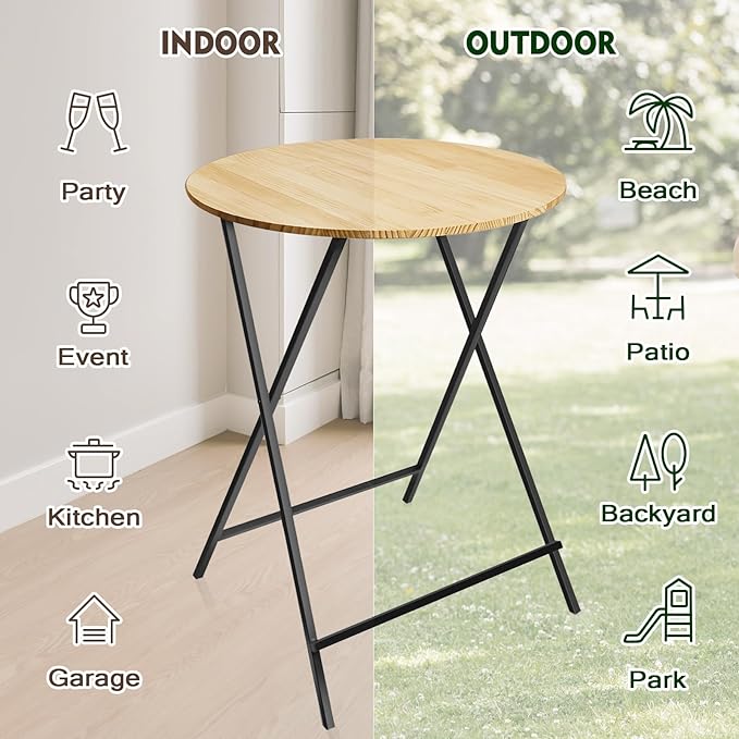 Outdoor Bar Height Table Wood 44.6'' Height, 31.5'' Round Folding Cocktail Tables Wooden Pub Desk, One-Piece Installation Kitchen Dining Table for Patio, Party, Balcony, Backyard, Poolside, Events