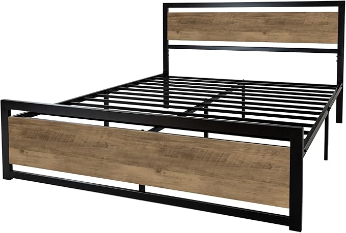 SHA CERLIN Full Size Bed Frame with Modern Headboard, Heavy Duty Platform Metal Base with Square Footboard and 13 Strong Slats Support, No Box Spring Needed, Brown