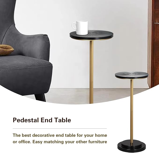 Drink Table, Small Pedestal Side Table with Wooden Carved Top for Living Room, Bedroom, Small Space, Gold and Black