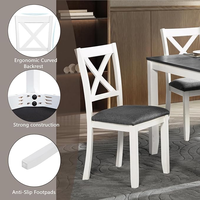 KEIKI 6-Piece Standard Height Dining Table Set with Rectangular Table, 4 Upholstered Chair, Bench, for 6 Person, Modern Style Wooden Table Set, Easy Assembly, for Kitchen, Dining Room, White+Gray