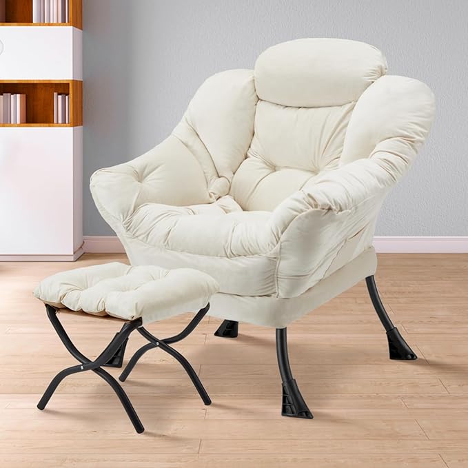 Lazy Chair with Folding Ottoman Modern Large Accent Chair,Contemporary Lounge Leisure Sofa Chair with Armrests Upholstered Sofa Armchair Reading Chair for Bedroom,Dorm & Office (Beige-f)