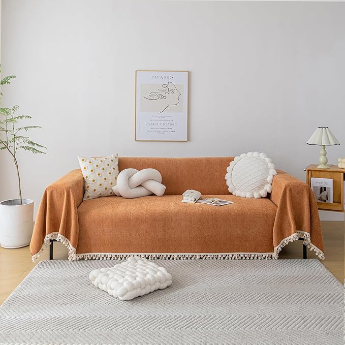HANDONTIME Dark Orange Sofa Covers Couch Cover for Dogs Colorful Tassel Sofa Seat Cover Lovetseat Covers Pet Couch Cover Bohemian Sofa Cover for Couch Vintage Boho Couch Covers Futon Cover, 71" X118"