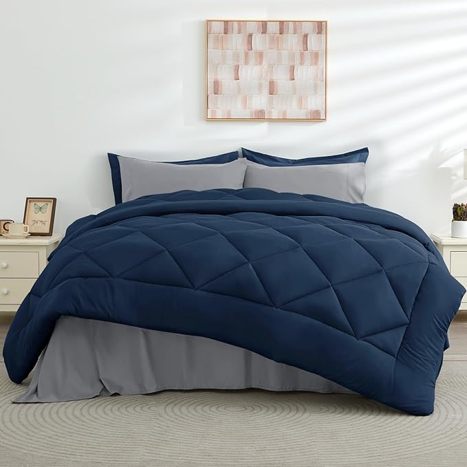 HEVUMYI Queen Comforter Set - 7-Piece All Season Bed in a Bag Queen, Ultra Soft Bedding Set with Comforter, Flat Sheet, Fitted Sheet, Pillowcases, Pillow Shams, Navy Blue & Light Grey