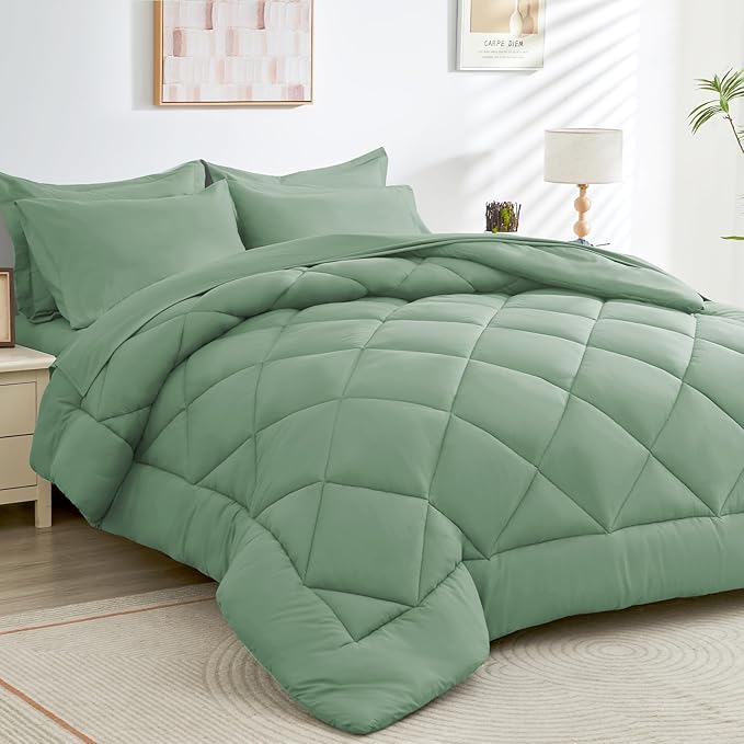 HEVUMYI Light Green Cali-King Comforter Set - 7-Piece All Season Bed in a Bag Cali-King, Ultra Soft Bedding Set with Comforter, Flat Sheet, Fitted Sheet, Pillowcases, Pillow Shams