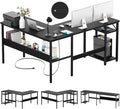 Reversible L Shaped Computer Desk with Magic Power Outlet, Sturdy Office Corner Desk, L Shape Gaming Table with Storage Shelf, Black