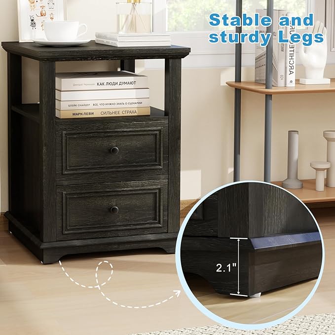 Vipbear Farmhouse Nightstand 18" Dark Gray End Table with Charging Station & 2 Drawers, Rustic Bedside Table with Storage Shelf for Bedroom, Living Room,18.1" D x 18.1" W x 24.2" H, Set of 2