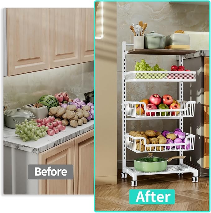 HapiRm Fruit Basket Kitchen Cart - 5 Tier Adjustable Vegetable Storage Rack, Large Capacity Rolling Kitchen Carts on Wheels for Snack Onion and Potato Storage