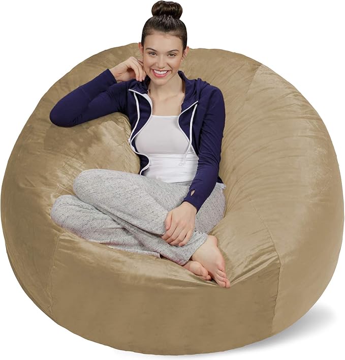 Sofa Sack Bean Bag Chair Cover Only, for Adults and Kids, Without Filling Comfy Fluffy Round or Oval Beanbag Chair Cover Replacement, Lazy Sofa Cover for Reading Chair or Floor Chair, 5-Feet, Camel