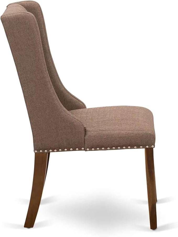 NKFO9-AWA-18-9-Piece Kitchen Set Consists of a Dinner Table and 8 Brown Linen Fabric Kitchen Chairs with Button Tufted Chair Back - Antique Walnut Finish.