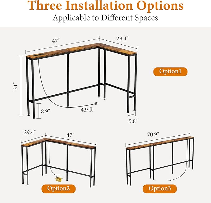 GRLEAF L Shaped Narrow Console Table with Outlet, 70" Sofa Tables Narrow Long, Behind Couch Table, Skinny Entryway Tables with Charging Station,for Living Room,Hallway (Rustic Brown,70IN)