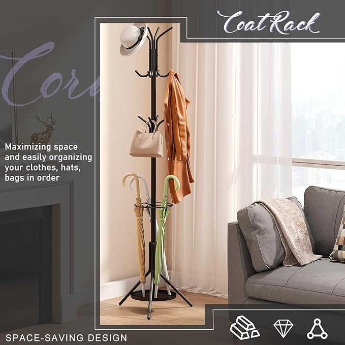 Coat Rack Freestanding,Entryway Hanger Stand,Umbrella Holder,Hall Tree With 12 Hooks, Floor Standing Metal Tree Stand,Black