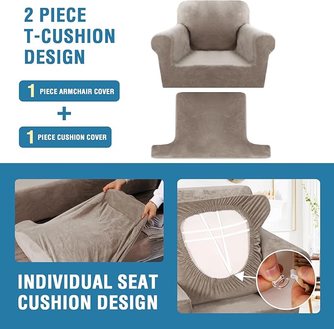 H.VERSAILTEX Sofa Cover 2 Piece Armchair Slipcovers Thick Velvet Couch Cover Furniture Protector Stretch Sofa Covers for 1 Cushion Couch with 1 Individual T Cushion Covers Washable, Taupe
