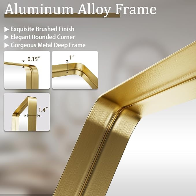 Bathroom Mirror 20x30 inch, Gold Gorgeous Deep Frame Wall Mirror, Modern Round Corner Bathroom Vanity Mirror for Bedroom, Living Room, Hanging or Leaning Horizontal or Vertical, Gold
