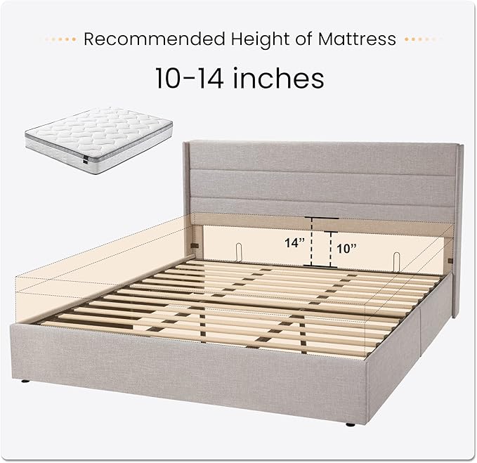 SHA CERLIN Queen Size Lift Up Storage Bed/Modern Wingback Headboard/Upholstered Platform Bed Frame/Hydraulic Storage/No Box Spring Needed/Wood Slats Support/Light Beige